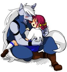 1boy 1girl armlet ban_(ban62460424) blue_jumpsuit blue_skirt body_fur boots claws commentary_request drill_hair full_body furry furry_male furry_with_non-furry grey_fur hetero high_collar hoshizora_miyuki interspecies jewelry jumpsuit licking licking_another&#039;s_face long_hair pink_eyes pink_hair precure school_uniform shirt short_hair simple_background sitting sitting_on_lap sitting_on_person skirt sleeveless_jumpsuit smile_precure! tail tongue tongue_out trembling twin_drills very_long_hair white_background white_hair white_shirt wolf_boy wolfrun