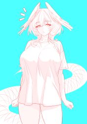 Rule 34 | 1girl, absurdres, arknights, breasts, cassava sketch, closed mouth, cowboy shot, fang, feathered wings, hair between eyes, head wings, highres, ho&#039;olheyak (arknights), large breasts, long tail, looking at viewer, monochrome, shirt, sidelocks, sketch, skin fang, snake tail, solo, tail, wings