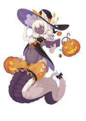 1girl :d animal_ears animal_hands bell_orgel black_sclera blunt_bangs book bow bunyip_(monster_girl_encyclopedia) candle colored_sclera colored_skin commentary_request ears_through_headwear fang fur grey_skin groin halloween hand_on_headwear hat highres holding holding_book jack-o&#039;-lantern lamia long_hair monster_girl monster_girl_encyclopedia navel open_mouth partial_commentary simple_background skin_fang slit_pupils smile solo stomach tail tail_bow tail_ornament white_background white_fur white_hair witch_hat yellow_eyes