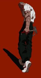 1boy adjusting_eyewear black_pants blonde_hair claw_hammer dorohedoro full_body galeblack glasses hammer highres holding holding_hammer looking_back male_focus muscular muscular_male pants parted_lips red_background scar scar_on_arm shadow shin_(dorohedoro) shirt shirt_tucked_in shoes short_hair short_sideburns short_sleeves simple_background sneakers solo standing stitched_arm stitches very_short_hair white_shirt white_shoes