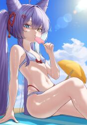 1girl animal_ears bare_shoulders beach_umbrella bikini blue_eyes blue_sky breasts cloud day food hair_between_eyes heterochromia highres holding holding_food holding_popsicle legs long_hair looking_at_viewer navel outdoors popsicle purple_hair sitting sky small_breasts solo stellive stomach swimsuit tenko_shibuki thigh_focus thighs umbrella very_long_hair yellow_eyes