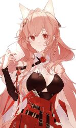 1girl animal_ears arknights bare_shoulders braid breasts cleavage closed_mouth commentary cowboy_shot hand_up highres holding holding_letter letter long_hair long_sleeves medium_breasts mgmg_cc211 orange_eyes pink_hair pozyomka_(arknights) red_skirt simple_background skirt solo standing white_background
