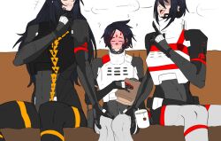 3girls ? abs armor black_bodysuit black_hair blush bodysuit breastplate clipboard closed_eyes commentary couch cup english_commentary falke_(signalis) hand_on_another&#039;s_thigh highres kolibri_(signalis) long_hair mechanical_arms meme mug multiple_girls muscular muscular_female open_mouth parody reikollsama robot_girl shaded_face short_hair signalis simple_background storch_(signalis) teabag very_long_hair white_background yuri