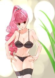 1girl absurdres bikini black_bikini black_eyes black_panties blunt_bangs breasts collarbone commentary drill_hair drill_ponytail halterneck hands_on_own_hips high_ponytail highres large_breasts navel one_piece panties perona pink_hair ponytail sc_scandium skindentation solo standing swimsuit underwear