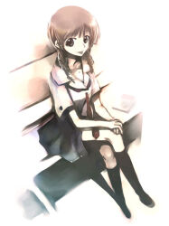 1girl bad_id bench black_socks blue_skirt braid brown_eyes brown_hair closed_mouth commentary_request crossed_legs kei_(keigarou) kibina_high_school_uniform kimi_kiss kneehighs long_hair miniskirt mizusawa_mao on_bench own_hands_together pleated_skirt school_uniform shirt short_sleeves sitting skirt smile socks solo tongue tongue_out twin_braids white_shirt