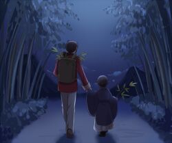2boys aged_down axis_powers_hetalia back baggy_pants bamboo bamboo_forest black_hair black_shoes blue_kimono blue_sky brown_bag brown_shoes bush child china_(hetalia) chinese_clothes cloud cloudy_sky commentary_request forest full_body gradient_sky holding holding_hands holding_plant japan_(hetalia) japanese_clothes kimono leaf long_hair long_sleeves low_ponytail male_focus mountain multiple_boys nature night night_sky outdoors pants plant ponytail red_shirt shadow shirt shoes short_hair sky star_(sky) starry_sky tamaki_(q_tamaki) walking white_pants wide_sleeves