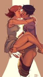 1boy 1girl clothed_sex couple digimon digimon_adventure_tri. from_side glasses held_up hetero highres kenno_arkkan kido_jo kiss penis sex suspended_congress takenouchi_sora
