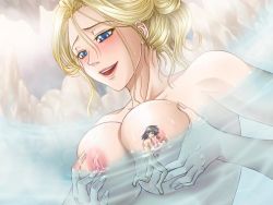 1boy 1girl blonde_hair breasts giant giantess gts nipples nude water