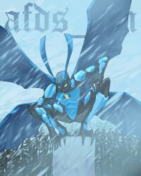1boy afdsbm alien ben_10 ben_10:_alien_force big_chill black_skin blue_skin colored_skin commentary english_commentary english_text green_eyes highres male_focus multicolored_skin multiple_wings no_humans omnitrix outdoors snow snowing solo squatting teeth two-tone_skin wings