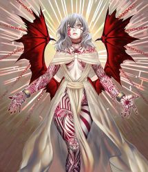 1girl aged_up alternate_costume alternate_hair_color alternate_hair_length alternate_hairstyle arm_tattoo bare_legs bare_shoulders bat_wings breast_tattoo breasts chain character_request chest_tattoo crossed_legs cuffs demon_wings facial_tattoo feet_out_of_frame fingernails full-body_tattoo glowing glowing_eyes grey_hair hair_between_eyes hand_tattoo highres leg_tattoo long_fingernails looking_down low_wings magic_circle medium_breasts medium_hair multicolored_eyes neck_tattoo no_panties o-ring open_hands outstretched_arms outstretched_hand parted_lips pointy_ears red_eyes red_wings remilia_scarlet revealing_clothes see-through_clothes shackles sharp_fingernails shawl shoulder_tattoo shukusuri sidelocks sigil slit_pupils solo stomach stomach_tattoo sunburst tagme tattoo too_many torn_wings touhou underboob veil wavy_hair wings yellow_eyes