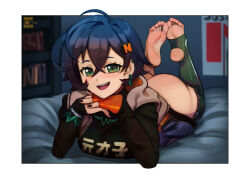 1girl ahoge ass barefoot belle_(zenless_zone_zero) black_shirt blue_hair blush bottomless breasts crossed_bangs draw-till-death earrings elbow_rest feet feet_up fingerless_gloves gloves green_eyes hair_between_eyes hair_ornament hand_on_own_chin head_rest jacket jewelry letter_hair_ornament long_sleeves looking_at_viewer lying no_panties no_pants no_shoes on_stomach open_mouth orange_gloves shirt short_hair single_fingerless_glove single_thighhigh smile soles solo stirrup_legwear thighhighs toeless_legwear toes zenless_zone_zero