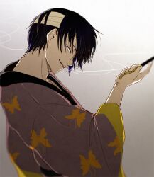 Rule 34 | 1boy, animal print, bandage over one eye, bandaged head, bandages, black hair, butterfly print, commentary, commentary request, gintama, holding, holding smoking pipe, japanese clothes, kimono, kiseru, looking at viewer, male focus, mo mo rice, profile, purple kimono, smile, smirk, smoke, smoking, smoking pipe, solo, takasugi shinsuke, upper body
