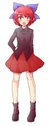 Rule 34 | 1girl, alphes (style), black shirt, black shoes, blue ribbon, blush, bow, collared shirt, commentary request, dairi, full body, hair bow, hair ribbon, hand on own hip, highres, large variant set, long sleeves, looking at viewer, no cape, open mouth, parody, red eyes, red hair, red skirt, ribbon, sekibanki, shirt, shoes, short hair, skirt, solo, style parody, tachi-e, touhou, transparent background, variant set