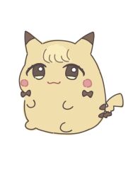 :3 absurdres bow brown_bow closed_mouth commentary_request fujita_kotone fusion gakuen_idolmaster gen_1_pokemon highres idolmaster looking_at_viewer nagi_kai nintendo no_humans pikachu pokemon pokemon_(creature) simple_background smile white_background