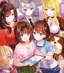 6+girls :d =_= artist_request banako_(yumeutsutsu) blonde_hair blue_shirt blue_shorts breasts check_artist cleavage cleavage_cutout closed_eyes closed_mouth clothing_cutout collarbone collared_shirt daigo_honoka dog dress dress_shirt fuzichoco glasses green_eyes green_skirt grey_hat grey_jacket hands_on_another&#039;s_arm hat headphones headphones_around_neck highres holding holding_tablet_pc jacket large_breasts looking_at_another maid majo_(yumeutsutsu) marie_mahler medium_breasts mugendou_saki multiple_girls nie_(yumeutsutsu) off_shoulder official_art ohtori_ai open_mouth orange_eyes pink_shirt police police_uniform policewoman puffy_short_sleeves puffy_sleeves purple_eyes red-framed_eyewear red_dress red_eyes red_jacket semi-rimless_eyewear shirt short_sleeves shorts siblings sidelocks sisters skirt smile split_mouth tablet_pc tachibana_nana_(yumeutsutsu) track_jacket twins under-rim_eyewear white_shirt yanagiya_kokoro yumeutsutsu_re:master yuri_(object)