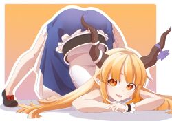 1girl belt black_belt black_shoes blonde_hair blue_skirt bow brown_horns commentary_request footwear_bow full_body highres horn_bow horn_ornament horns ibuki_suika jack-o&#039;_challenge kurohiba long_hair looking_at_viewer open_mouth orange_background orange_eyes pointy_ears purple_bow red_bow shirt shoes skirt sleeveless sleeveless_shirt smile solo top-down_bottom-up touhou white_shirt wrist_cuffs
