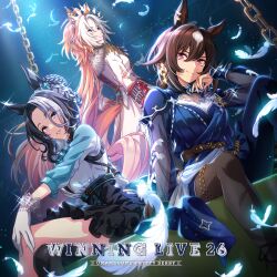 Rule 34 | 3girls, absurdres, album cover, animal ears, animal print, asymmetrical legwear, bad link, belt, black hair, black skirt, blue dress, blue eyes, braid, braided bun, brown belt, brown hair, chain, cover, crossed legs, dress, dutch angle, ear ornament, epaulettes, feathers, frilled skirt, frills, fur-trimmed jacket, fur trim, gloves, hair bun, hair intakes, hair ornament, hand on own cheek, hand on own face, hand on own hip, hand on own knee, hand on own leg, highres, horse ears, horse girl, horse tail, jacket, lace, lace-trimmed gloves, lace trim, livestream, long hair, looking at viewer, mejiro ramonu (umamusume), multicolored hair, multiple girls, official alternate costume, official art, orange hair, orfevre (umamusume), parted lips, red eyes, see-through clothes, see-through sleeves, single hair bun, sirius symboli (louve stellaire) (umamusume), sirius symboli (umamusume), sitting, skirt, smile, spiked hair, streaked hair, tail, two-tone hair, umamusume, very long hair, white gloves, white hair, white jacket