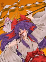 2girls absurdres bow commentary_request dress fairy_wings gohei hakama hakama_pants hakurei_reimu hakurei_reimu_(pc-98) highres holding holding_gohei japanese_clothes juliet_sleeves kimono long_hair long_sleeves multiple_girls ofuda orange_hair pants pink_hair puffy_sleeves purple_eyes purple_hair red_bow red_hakama red_pants sidelocks solo touhou touhou_(pc-98) very_long_hair white_dress white_kimono wide_sleeves wings yin_yang_orb_(fairy) yukine_0930