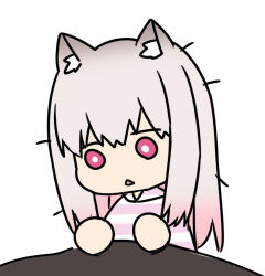 1girl :&lt; animal_ear_fluff animal_ears chibi commentary_request gradient_hair grey_hair hood hood_down hoodie indie_virtual_youtuber long_hair multicolored_hair natsume_eri natsume_eri_(vtuber) parted_lips pink_eyes pink_hair simple_background solo striped_clothes striped_hoodie triangle_mouth under_covers virtual_youtuber white_background