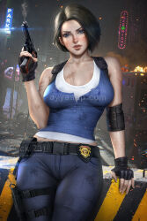 Rule 34 | 1girl, artist name, ayya sap, black gloves, blue eyes, blue pants, blue shirt, breasts, brown hair, fingerless gloves, gloves, gun, holding, holding gun, holding weapon, jill valentine, midriff peek, pants, police badge, resident evil, resident evil 3: nemesis, resident evil 3 (remake), shirt, short hair, smoke, smoking barrel, watermark, weapon