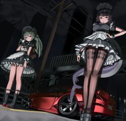 2girls absurdres apron black_boots black_dress black_hair black_pantyhose black_shoes blunt_bangs boots brown_eyes car closed_mouth corin_wickes dress ellen_joe fins fish_tail from_below green_hair hair_between_eyes hairband hand_in_own_hair hand_on_own_hip highres irv_v12 long_hair maid maid_apron maid_headdress motor_vehicle multiple_girls pantyhose red_eyes shark_girl shark_tail shoes short_hair sidelocks tail twintails white_apron white_hairband zenless_zone_zero
