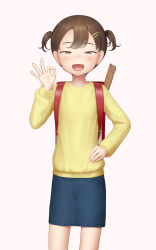 1girl absurdres backpack bag blue_skirt brown_eyes brown_hair cowboy_shot female_focus hair_ornament hairclip hand_on_own_hip highres long_sleeves looking_at_viewer open_mouth original paid_reward_available pink_background randoseru sc_naru shirt short_hair short_twintails simple_background skirt smile solo twintails yellow_shirt
