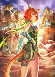 1girl animal_ears bell belt bow cat cat_ears cat_girl cat_tail choker cliff facial_mark fire_emblem fire_emblem:_path_of_radiance fire_emblem:_radiant_dawn fire_emblem_cipher gloves green_choker highres laguz_(fire_emblem) lethe_(fire_emblem) looking_down nintendo orange_hair orange_tail pink_bow pouch purple_eyes short_hair shorts side_slit side_slit_shorts siro_(asteblanc) tail thigh_belt thigh_strap thighs whisker_markings wrist_wrap