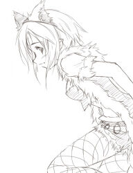 1girl 2000s_(style) animal_ears bad_id breasts cat_ears closed_mouth coat cowboy_shot fake_animal_ears fishnet_pantyhose fishnets fur-trimmed_coat fur-trimmed_shorts fur_trim greyscale looking_afar medium_breasts monochrome pantyhose ragnarok_online rogue_(ragnarok_online) short_hair short_sleeves shorts simple_background sketch smile solo yukitarou_(awamori)