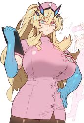 2girls absurdres barghest_(fate) biceps blonde_hair blue_gloves breasts brown_pantyhose clipboard dress ebora elbow_gloves fate/grand_order fate_(series) gloves green_eyes hat heterochromia highres horns huge_breasts long_hair looking_at_viewer melusine_(fate) multiple_girls non-web_source nurse nurse_cap pantyhose pink_dress pink_hat ponytail red_eyes short_dress short_sleeves solo_focus white_hair