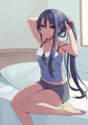 1girl backlighting bed blue_hair breasts chihiro_(chihiro3399) double-parted_bangs eiyuu_densetsu flapper_shirt hair_between_eyes highres indoors laura_s._arseid long_hair looking_at_viewer medium_breasts on_bed pillow ponytail sen_no_kiseki_(series) sen_no_kiseki_i shirt shorts sidelocks solo tying_hair window yellow_eyes