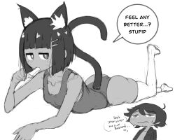 1boy 1girl animal_ears ass bob_cut breasts cat_ears cat_girl cat_tail collarbone dark-skinned_female dark-skinned_male dark_skin english_text food food_in_mouth greyscale hair_ornament hairclip holding holding_food holding_popsicle incest jacket leg_up lying mad_mex monochrome on_stomach one-piece_swimsuit original popsicle popsicle_in_mouth shirt short_hair sketch small_breasts socks speech_bubble swimsuit tail white_socks