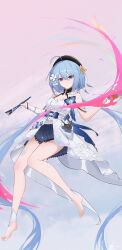 1girl absurdres ahoge bare_legs barefoot beret blue_hair breasts dress feet flower gradient_background griseo griseo_(starry_impression) hair_flower hair_ornament hat highres holding holding_paintbrush honkai_(series) honkai_impact_3rd legs long_hair paint paintbrush piaoyao purple_eyes small_breasts solo thighs toes white_dress