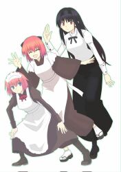 3girls apron black_hair blue_bow blue_eyes bow breasts closed_eyes dress frown hair_bow hairband highres hisui_(tsukihime) kohaku_(tsukihime) long_hair long_sleeves looking_at_viewer maid maid_apron maid_headdress masatoshi_ikeda_(uug28aiuopy2six) multiple_girls open_mouth puffy_sleeves red_hair ribbon school_uniform shirt short_hair siblings simple_background sisters skirt smile tohno_akiha tsukihime tsukihime_(remake) twins very_long_hair waving white_apron white_background