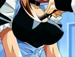 1990s_(style) 1boy 1girl animated animated_gif apron between_breasts black_dress black_gloves bouncing_breasts breasts brown_hair cleavage coat collar covered_erect_nipples dress fingerless_gloves frilled_dress frills gloves head_out_of_frame hetero holding holding_pen indoors jiggle lab_coat large_breasts long_sleeves looping_animation maid maid_apron medium_hair nanako_kaitai_shinsho nipples ogami_koyji out_of_frame pen perky_breasts retro_artstyle rubbing shichigusa_nanako shiny_clothes sidelocks single_hand sitting solo_focus third-party_edit tracing white_apron white_coat yamashita_toshinari