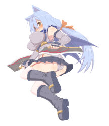 1girl animal_ears ass bare_shoulders bat_wings blue_boots blue_hair blue_skirt blue_wings blush bodysuit boots breasts delucky_alma dual_wielding emil_chronicle_online from_side garter_straps highres holding holding_weapon large_breasts long_hair low_ponytail miniskirt ponytail rafoll skirt thighhighs weapon white_background white_thighhighs wide_hips wings yellow_eyes