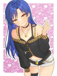 Rule 34 | 1girl, 82k mugi, absurdres, animal print, belt, black belt, black choker, black shirt, black thighhighs, blue hair, blush, border, brown eyes, choker, closed mouth, collarbone, cowboy shot, earrings, fingernails, gyaru, half-closed eyes, hand on own thigh, hand up, heart, heart background, highres, idolmaster, idolmaster (classic), idolmaster million live!, idolmaster million live! theater days, jewelry, kisaragi chihaya, leaning forward, leopard print, long hair, long sleeves, looking at viewer, midriff, nail polish, navel, necklace, onitsuyo mind (idolmaster), outline, outside border, pink background, pink nails, shirt, short shorts, shorts, single thighhigh, smile, solo, standing, star (symbol), star earrings, star necklace, thighhighs, white border, white outline, white shorts