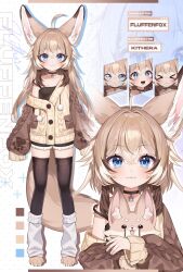 &gt;_&lt; 1girl :3 absurdres ahoge animal animal_ear_fluff animal_ears animal_feet animal_hug artist_name black_camisole black_shorts black_thighhighs blue_eyes brown_coat brown_hair camisole character_name choker coat multiple_expressions fang fennec_fox fluffen_(vtuber) fox fox_ears fox_girl fox_tail full_body highres hug indie_virtual_youtuber kithera long_hair nail_polish off_shoulder open_mouth shorts sleeves_past_wrists smile socks socks_over_thighhighs standing tail thighhighs thighs virtual_youtuber white_socks