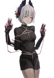 Rule 34 | 1girl, a tea, arknights, arms behind back, bdsm, bondage, bound, breast bondage, breasts, closed eyes, crotch rope, grey hair, highres, mechanical arms, medium breasts, raidian (arknights), shibari, shibari over clothes, smile, solo, standing, sweater, teeth, turtleneck, turtleneck sweater, white background