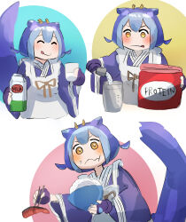 1girl absurdres apron blue_hair blue_kimono chopsticks commission dragon_girl dragon_horns dragon_tail duel_monster eating fish hatano_kiyoshi highres horns japanese_clothes kimono laundry_dragonmaid maid maid_apron milk multiple_views pixiv_commission powder rice tail wa_maid whey_protein_powder yellow_eyes yu-gi-oh!