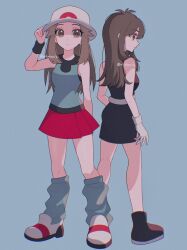 2girls black_dress black_hair blue_shirt breasts brown_eyes brown_hair bucket_hat closed_mouth dress gloves green_(pokemon) hat highres leaf_(pokemon) long_hair looking_at_viewer loose_socks mikakami1e multiple_girls nintendo pokemon pokemon_frlg pokemon_rgby_(prototype) porkpie_hat prototype_design red_skirt shirt skirt sleeveless sleeveless_shirt socks white_hat wristband