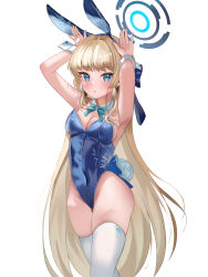 1girl animal_ear_hairband animal_ears bare_shoulders blonde_hair blue_archive blue_bow blue_bowtie blue_eyes blue_hairband blue_halo blue_leotard blunt_bangs blush bow bowtie commentary covered_erect_nipples detached_collar fake_animal_ears fake_tail hairband halo highleg highleg_leotard highres leotard long_hair looking_at_viewer official_alternate_costume parted_lips playboy_bunny rabbit_ears rabbit_pose rabbit_tail simple_background solo strapless strapless_leotard syuma tail thighhighs toki_(blue_archive) toki_(bunny)_(blue_archive) very_long_hair white_background white_thighhighs white_wrist_cuffs wrist_cuffs