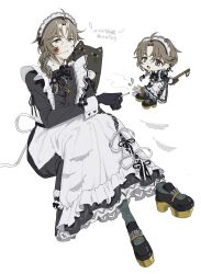 1boy 9tan ahoge apron aqua_hair black_bow black_bowtie black_dress black_gloves black_pantyhose black_shoes blood blood_on_face boots bow bowtie braid brown_hair chibi chibi_inset cigarette closed_mouth collared_dress crossdressing crossed_legs curtained_hair dress flower_hairtie frilled_apron frilled_dress frills gloves grey_eyes gun hair_ribbon highres holding holding_cigarette holding_gun holding_weapon kanae_(20th_costume)_(nijisanji) kanae_(nijisanji) long_dress long_sleeves looking_at_viewer maid maid_apron maid_headdress male_focus male_maid medium_hair multicolored_hair nijisanji official_alternate_costume pantyhose platform_boots ribbon roto_(kanae) shoes single_braid sitting streaked_hair stuffed_animal stuffed_cat stuffed_toy two-tone_hair virtual_youtuber weapon white_sleeve_cuffs