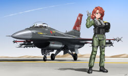 1girl aim-120_amraam aim-9_sidewinder air-to-air_missile aircraft airplane black_boots blue_sky boots breasts brown_hair canopy_(aircraft) cockpit commentary commission contrail curly_hair day english_commentary f-16_fighting_falcon fighter_jet flight_suit gloves green_eyes green_jumpsuit grey_gloves hand_up helmet highres hill holding holding_helmet jumpsuit landing_gear life_vest long_sleeves medium_breasts medium_hair military_vehicle missile original outdoors pilot pilot_helmet pouch roundel runway shadow signature sky smile solo standing vehicle_focus zero_(73ro)