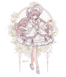 1girl bonnet bow breasts brown_bow brown_hair brown_ribbon choppy_bangs cleavage cleavage_cutout clothing_cutout commentary commission dress embroidery floral_background flower frilled_dress frilled_sleeves frills full_body high_heels lemon89h original puffy_short_sleeves puffy_sleeves ribbon rococo_movement shoes short_sleeves sleeves_past_fingers sleeves_past_wrists small_breasts solo standing white_bonnet white_dress white_flower white_shoes white_sleeves