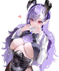 1girl absurdres ahoge ascot black_nails blush bow bowtie breast_curtains breasts commentary covered_erect_nipples covered_navel english_commentary furrowed_brow furuming1 gem hair_between_eyes heart highres large_breasts long_hair long_sleeves looking_at_viewer mole mole_under_eye multicolored_hair nail_polish pantyhose pointy_ears purple_ascot purple_bow purple_bowtie purple_gemstone purple_hair red_eyes shrug_(clothing) simple_background solo streaked_hair unfinished upper_body vivian_banshee white_background white_hair white_shrug zenless_zone_zero