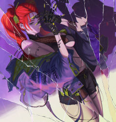 1girl armor arms_up bare_shoulders breasts broken_mirror chain chinese_text collar collarbone crack cracked_glass cracked_screen cross cross_earrings ear_piercing earrings facial_tattoo fishnets gradient_background green_eyes green_headwear hair_ornament hairpin hancho hand_on_hand highleg highres jacket jewelry looking_at_viewer mecha mechanical_arms mechanical_hands mechabare medium_breasts midriff mirror navel non-web_source off_shoulder original piercing purple_jacket red_hair reflection robot science_fiction scratches shorts shoulder_tattoo solo standing strap tattoo thighs twintails underboob