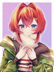 Rule 34 | 1girl, alternate costume, ange katrina, ayuko ammobium, blue eyes, blush, brown shirt, character name, closed mouth, commentary request, crossed bangs, enpera, green jacket, grid background, hair between eyes, hair intakes, hair ornament, hands up, highres, jacket, long sleeves, looking at viewer, nijisanji, open clothes, open jacket, outline, outside border, purple background, red hair, scarf, shirt, single off shoulder, smile, solo, straight-on, triangle hair ornament, upper body, virtual youtuber, white outline, white scarf