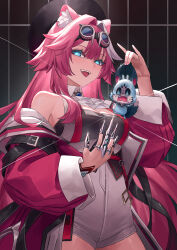 1girl :d absurdres animal_ears beret black_hat black_shirt blue_eyes breasts center-flap_bangs chattino_(raora_panthera) claw_ring cleavage collared_vest commentary double-parted_bangs english_commentary eyewear_on_head fang goggles goggles_on_head hair_intakes hand_up hat high-waist_shorts highres hololive hololive_english jacket large_breasts long_hair looking_at_viewer mcking multicolored_hair nail_polish off_shoulder official_alternate_eye_color open_mouth panther_ears panther_girl panther_tail pink_hair pink_jacket pink_nails raora_panthera raora_panthera_(1st_costume) shirt shorts sidelocks smile solo streaked_hair tail teeth upper_teeth_only vest virtual_youtuber white_hair white_shorts white_vest
