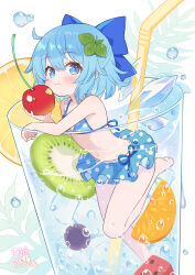 Rule 34 | 1girl, ahase hino, aqua eyes, aqua hair, barefoot, bikini, bikini skirt, blue bikini, blue bow, blueberry, blush, bow, cherry, cirno, closed mouth, commentary request, cup, detached wings, drinking straw, food, fruit, hair bow, hair ornament, highres, holding, holding food, holding fruit, ice, ice cube, ice wings, in container, in cup, kiwi (fruit), kiwi slice, leaf hair ornament, looking at viewer, mint, navel, orange (fruit), short hair, signature, solo, swimsuit, touhou, water, watermelon, wings