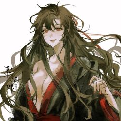1girl artist_request black_hair black_hanfu black_robe breasts brown_hair chest_tattoo chinese_clothes cleavage closed_mouth collarbone commission eyelashes fingernails hair_down hair_ribbon half_updo hand_up hanfu highres large_breasts long_hair long_sleeves looking_at_viewer messy_hair modao_zushi nail_polish no_bra off_shoulder official_alternate_hairstyle open_clothes open_robe red_eyes red_lips red_nails red_ribbon red_sash ribbon robe sash second-party_source sharp_fingernails simple_background single_bare_shoulder smile solo tattoo upper_body very_long_hair watermark wei_wuxian wei_wuxian_(yiling_laozu) white_background wide_sleeves